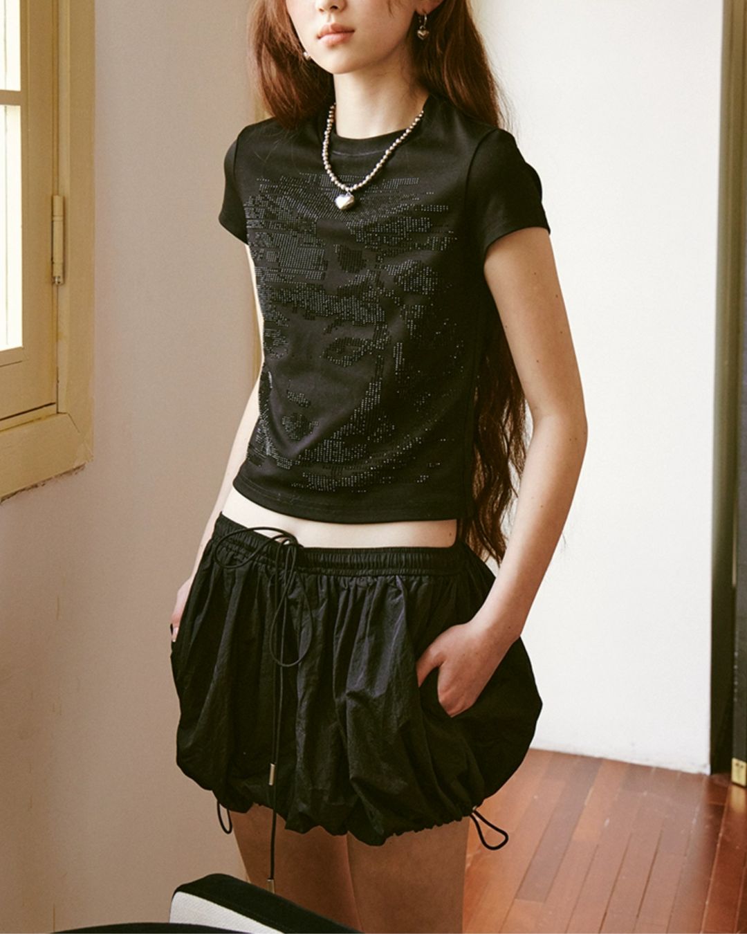 Rhinestone Girl Face T-shirt　TP038