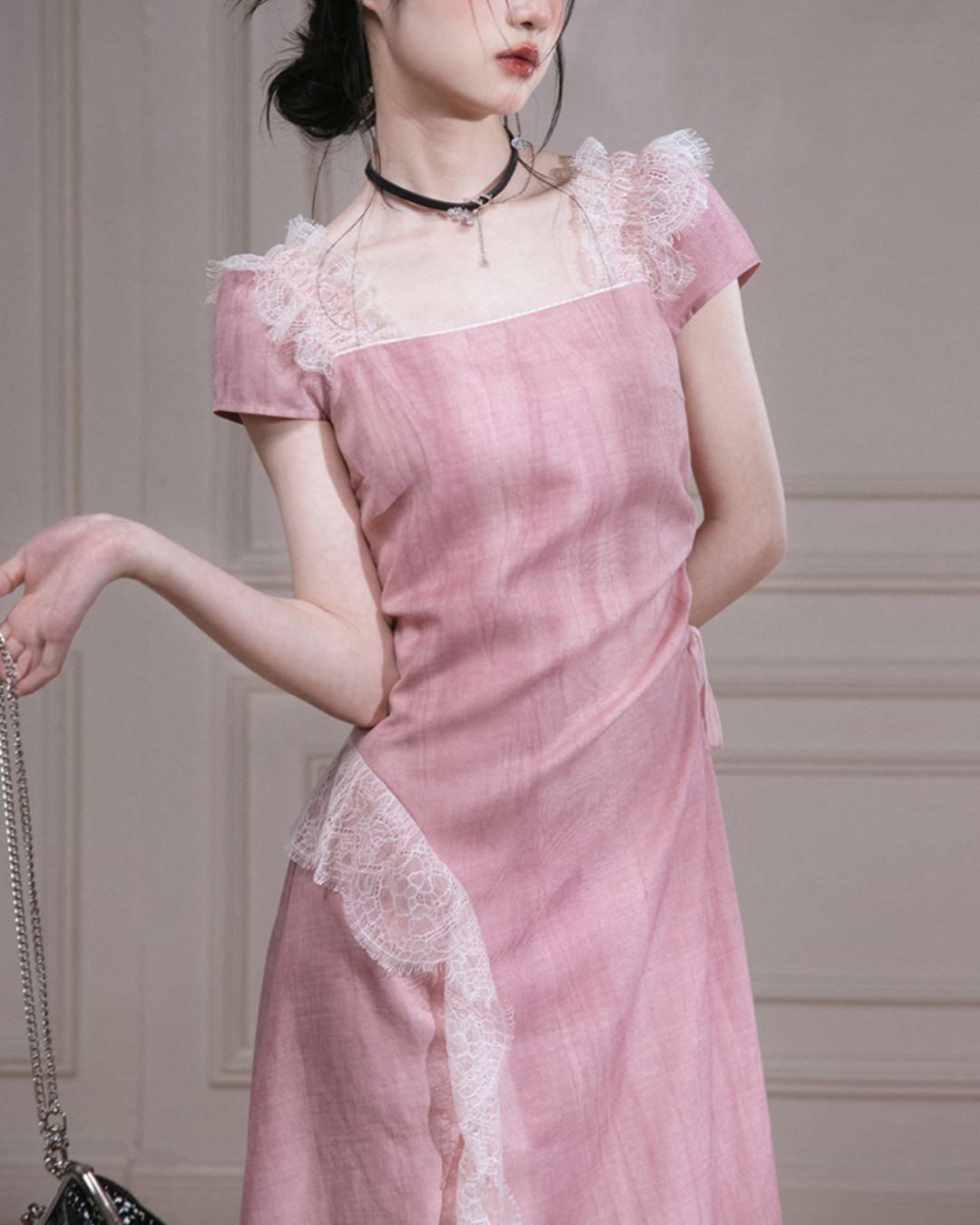 Side Waist Drawstring Lace Embellished Long Dress　DR042