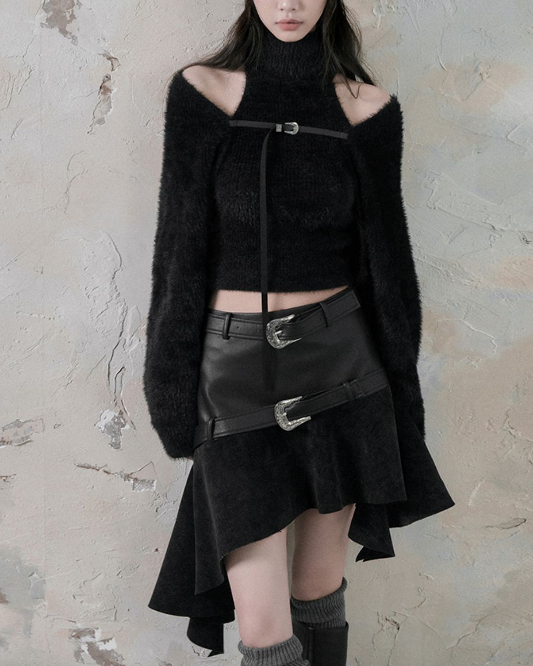 Leather And Suede Metallic Belt Asymmetric Skirt　BT019