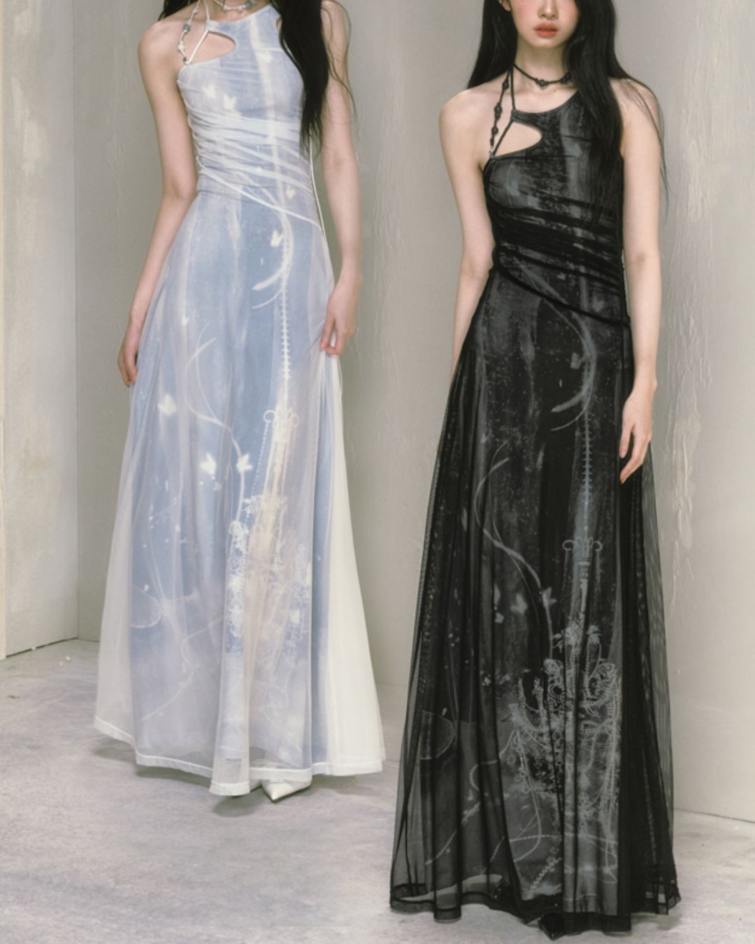 Mesh Print Beaded Halter Neck Long Dress　DR014