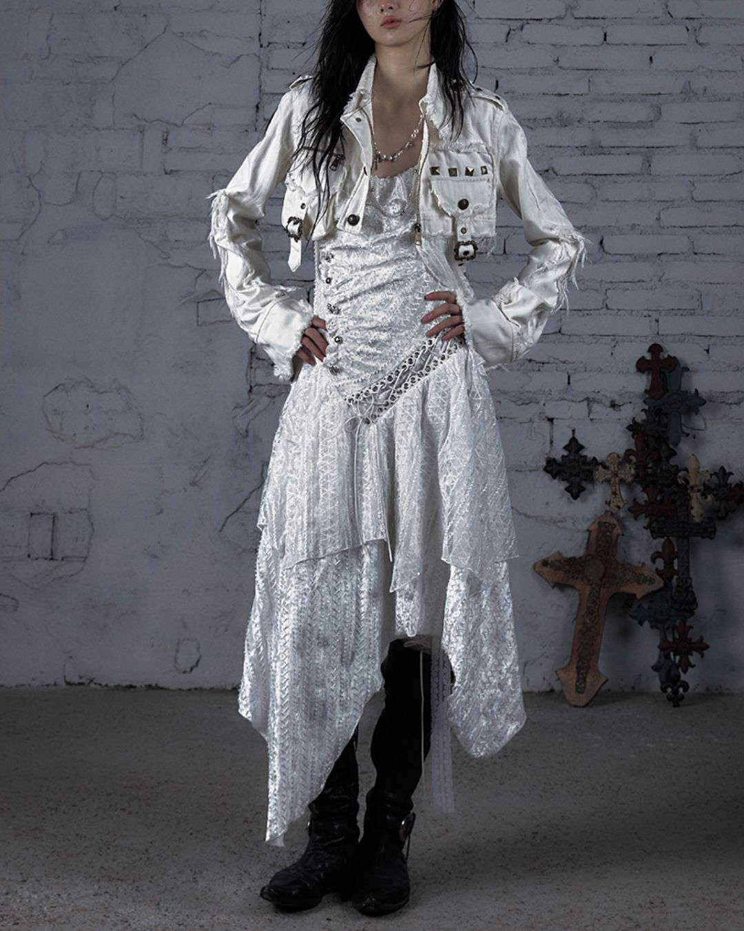 Sleeveless White Lace Asymmetrical Dress　DR038