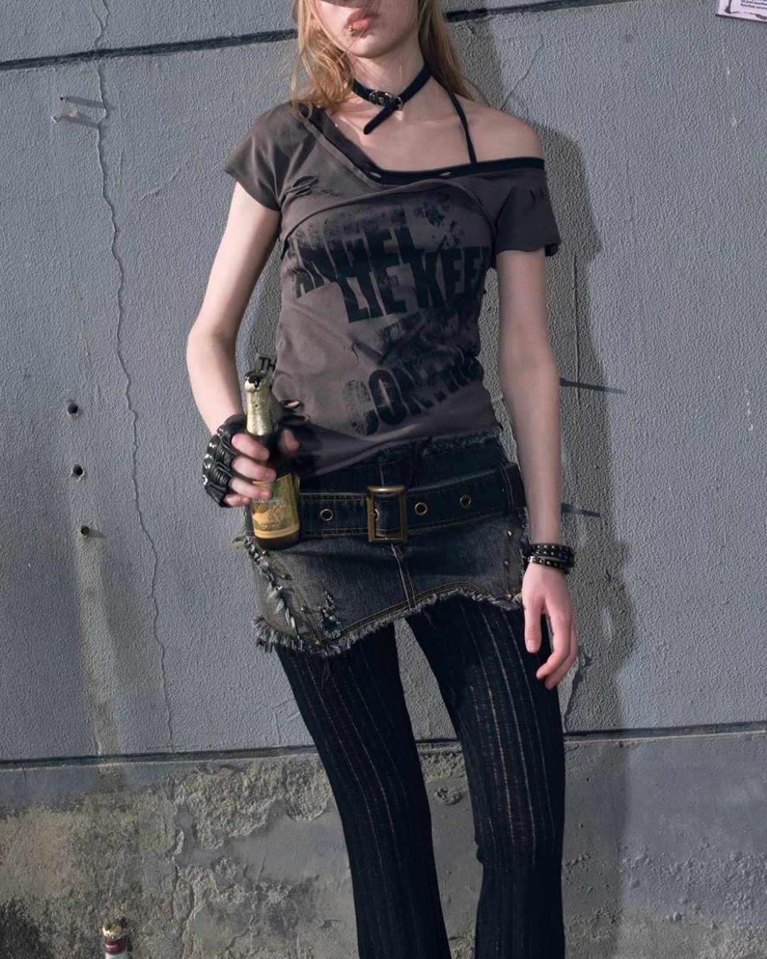 One-shoulder Raw Edge Graffiti Top　TP050