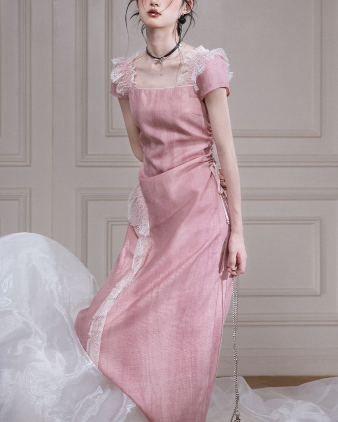 Side Waist Drawstring Lace Embellished Long Dress　DR042