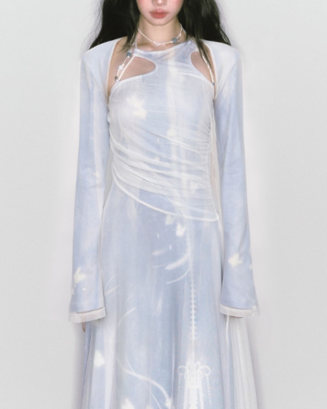 Mesh Print Beaded Halter Neck Long Dress　DR014