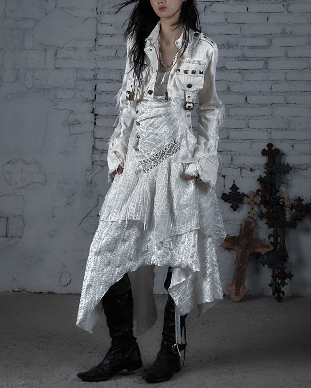 Sleeveless White Lace Asymmetrical Dress　DR038