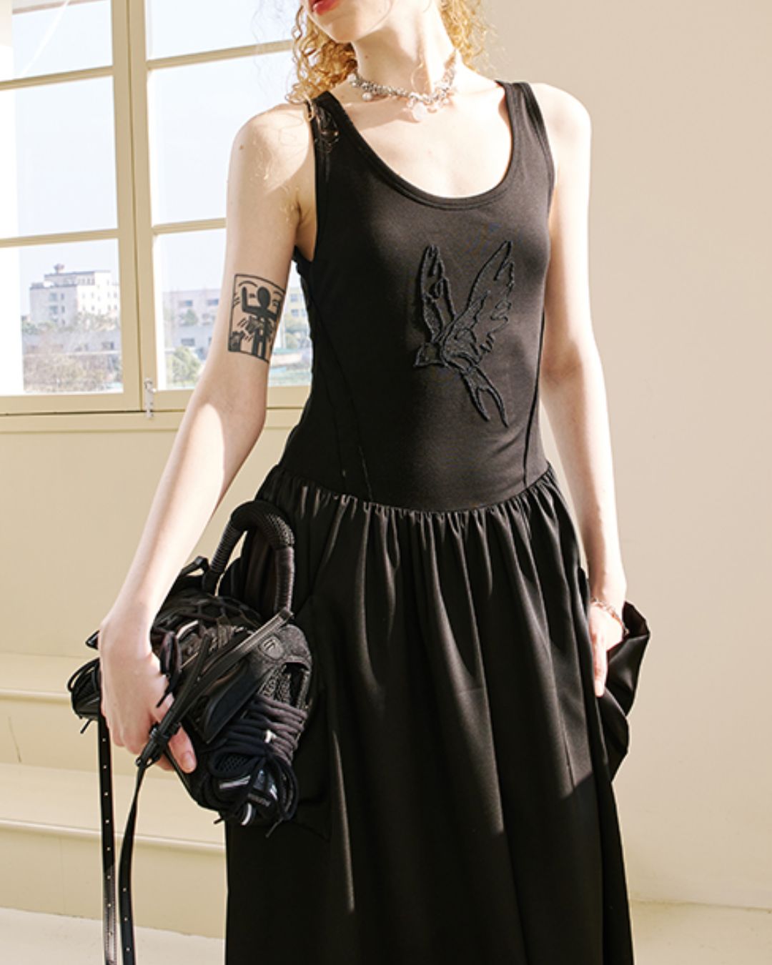 Swallow Embroidery Big Pocket Long Dress　DR036