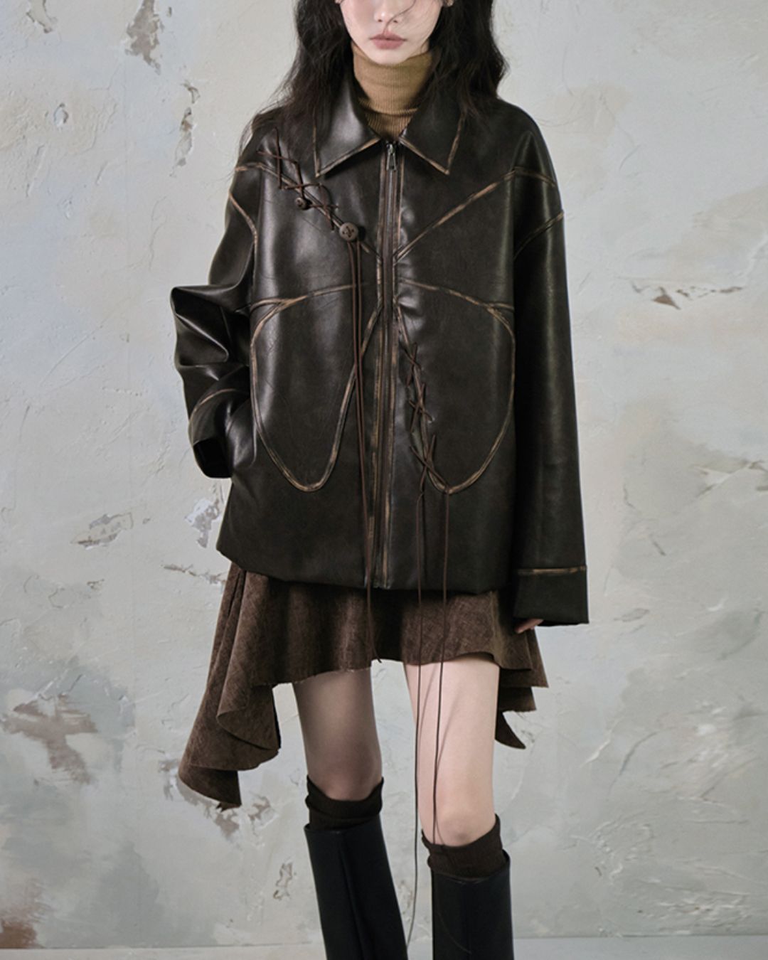 Leather And Suede Metallic Belt Asymmetric Skirt　BT019