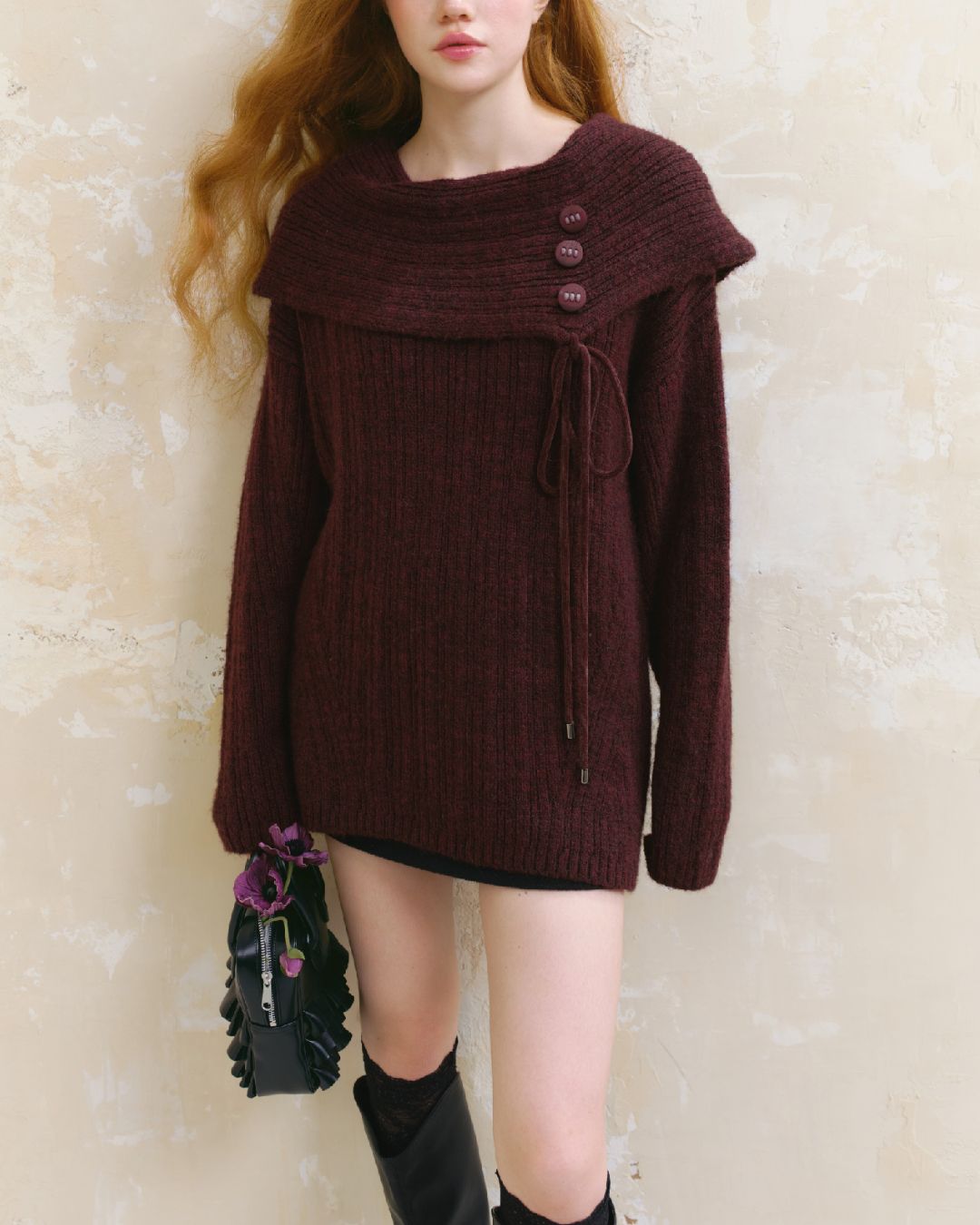 Button Ribbon Off Shoulder Knit　TP022