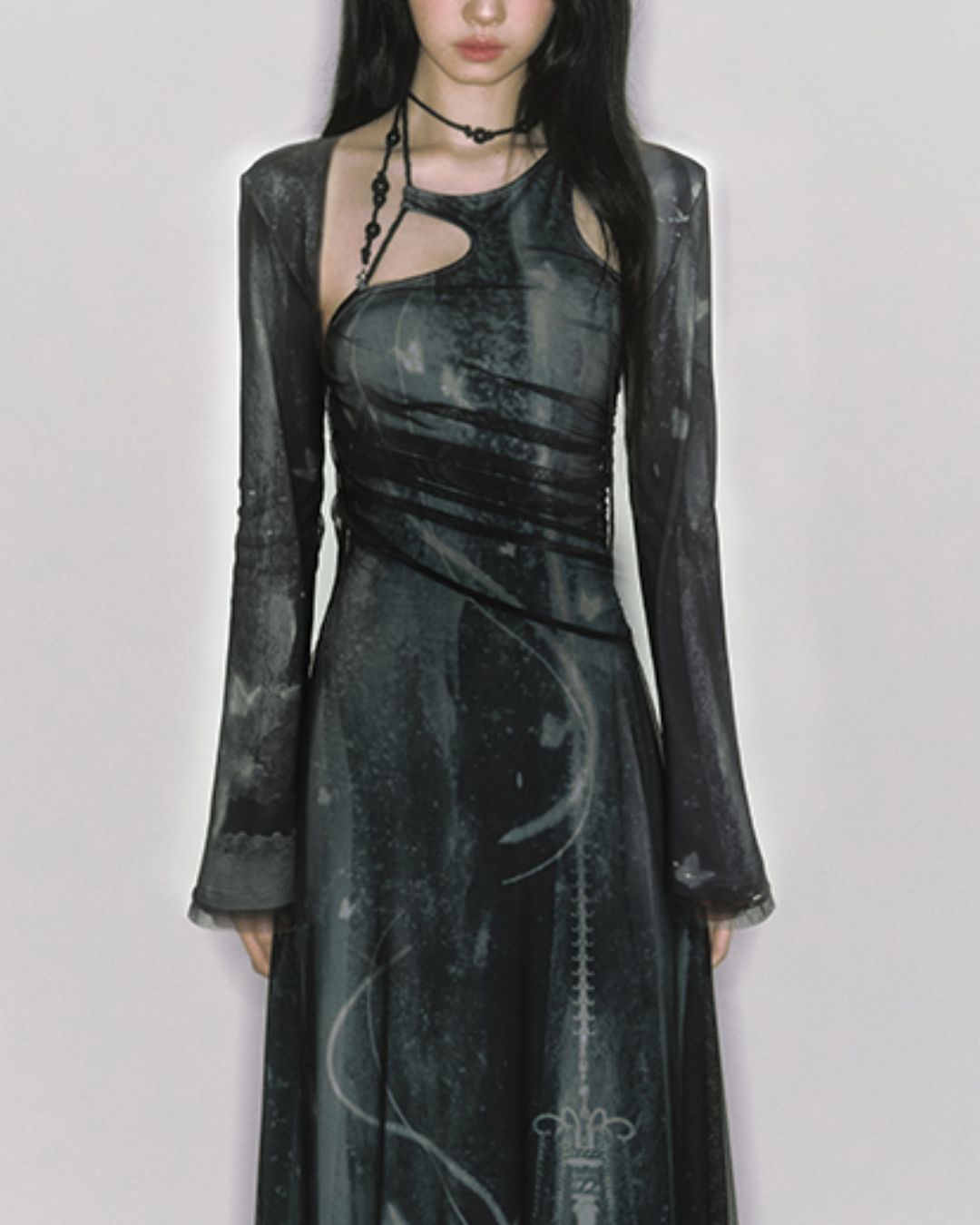 Mesh Print Beaded Halter Neck Long Dress　DR014