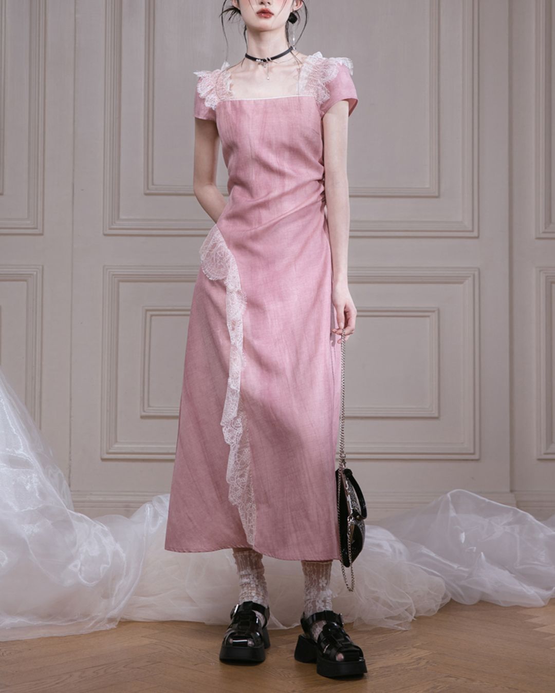 Side Waist Drawstring Lace Embellished Long Dress　DR042