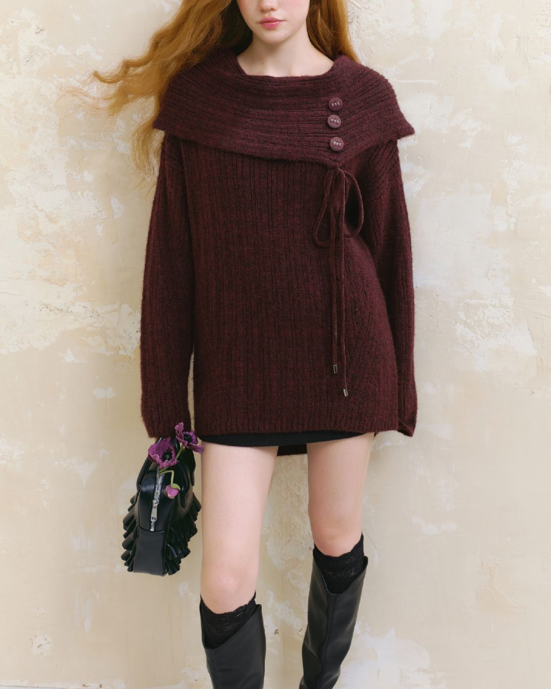 Button Ribbon Off Shoulder Knit　TP022