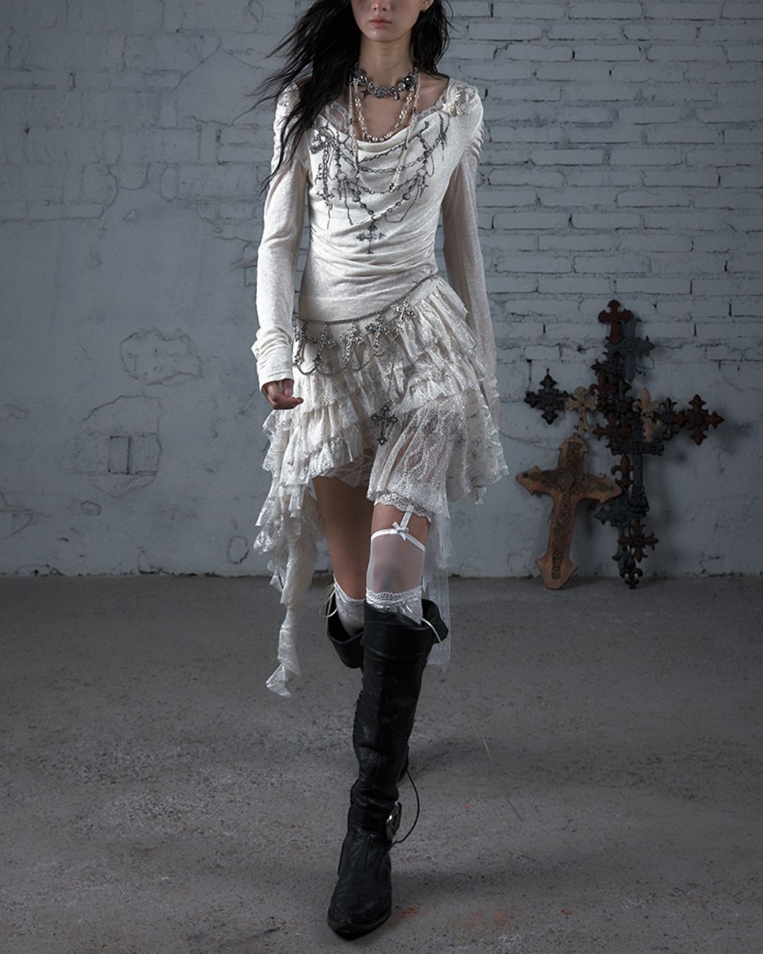 Necklace Print Lace Hooded Dress　DR037