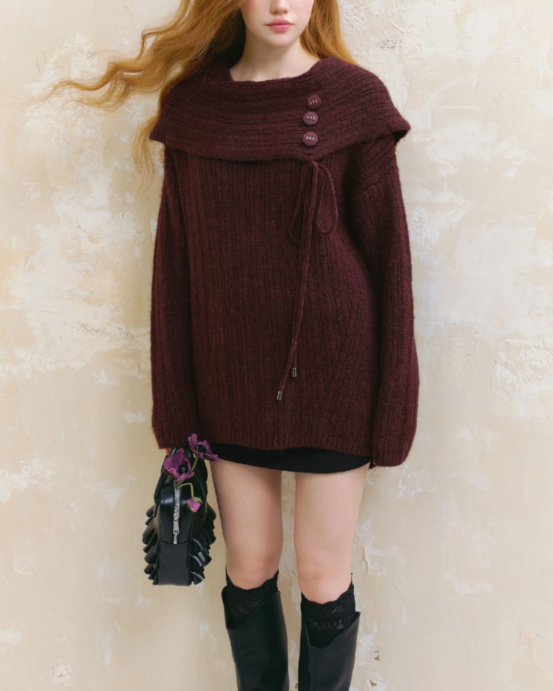 Button Ribbon Off Shoulder Knit　TP022