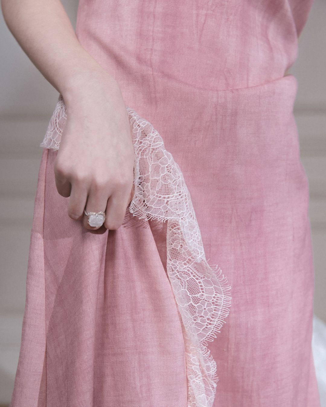 Side Waist Drawstring Lace Embellished Long Dress　DR042