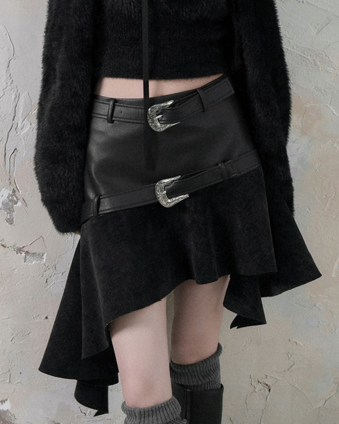 Leather And Suede Metallic Belt Asymmetric Skirt　BT019