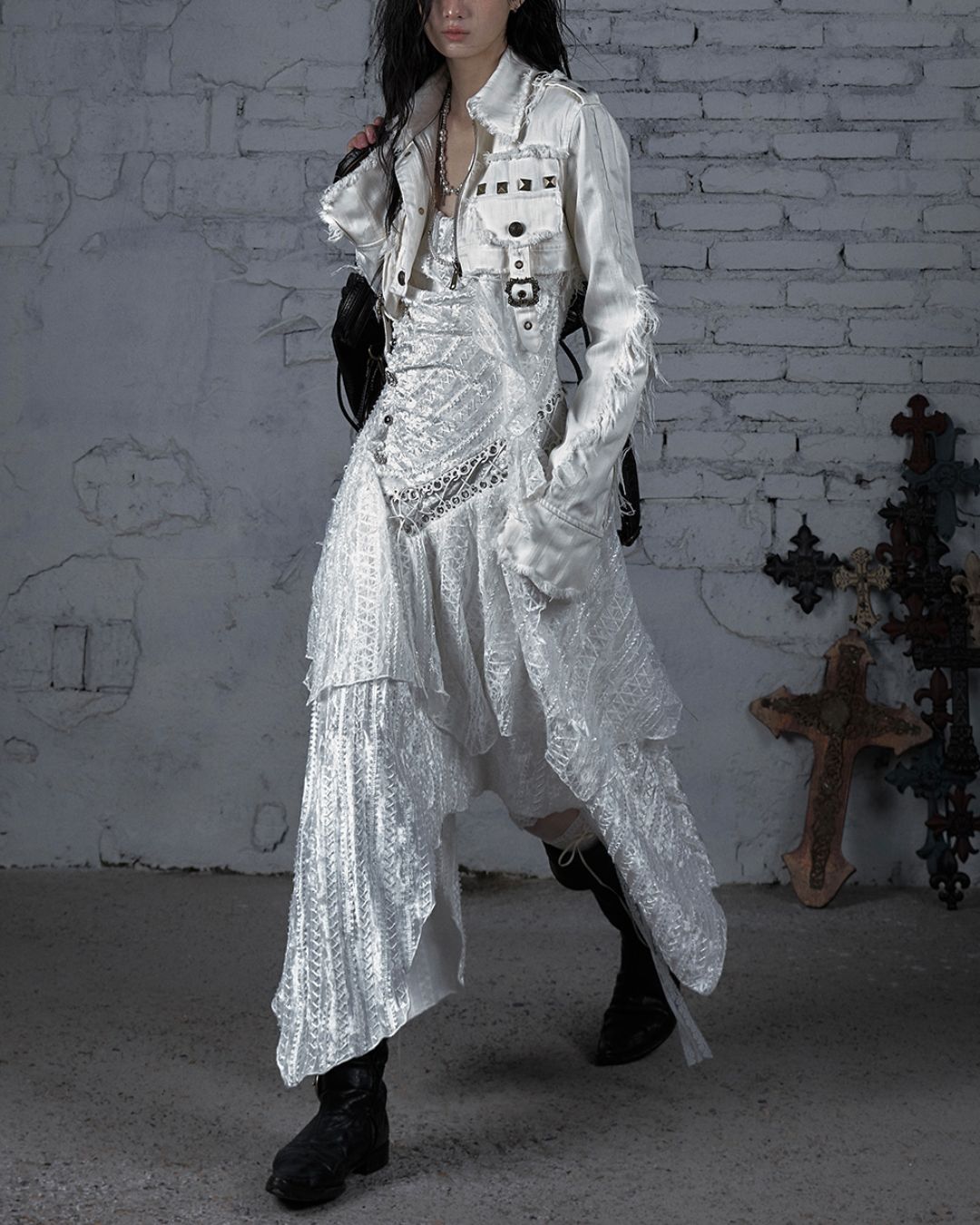 Sleeveless White Lace Asymmetrical Dress　DR038