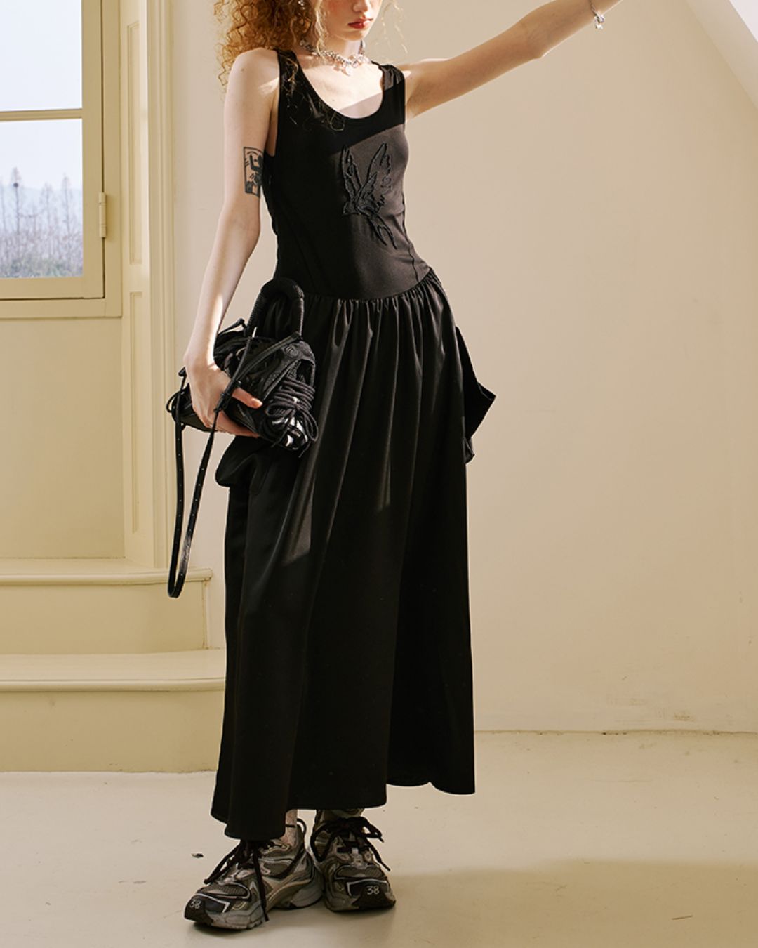 Swallow Embroidery Big Pocket Long Dress　DR036