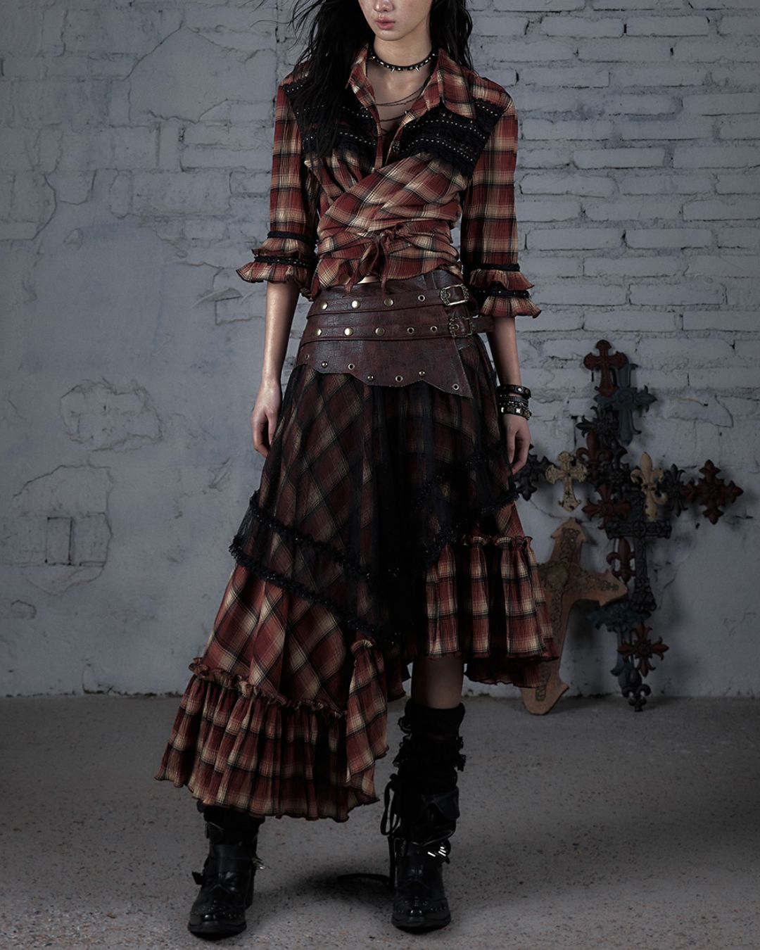 3/4 Sleeve Front Tie Check Shirt　TP043