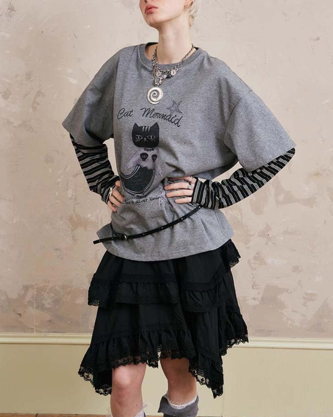 Mermaid Cat Layered T-shirt　TP037