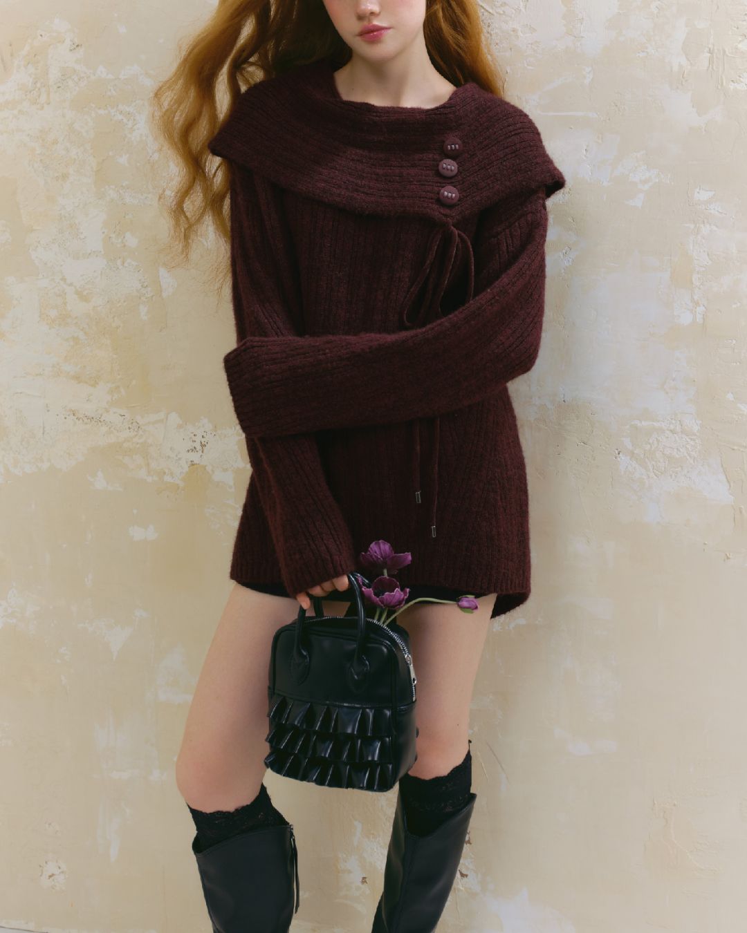 Button Ribbon Off Shoulder Knit　TP022