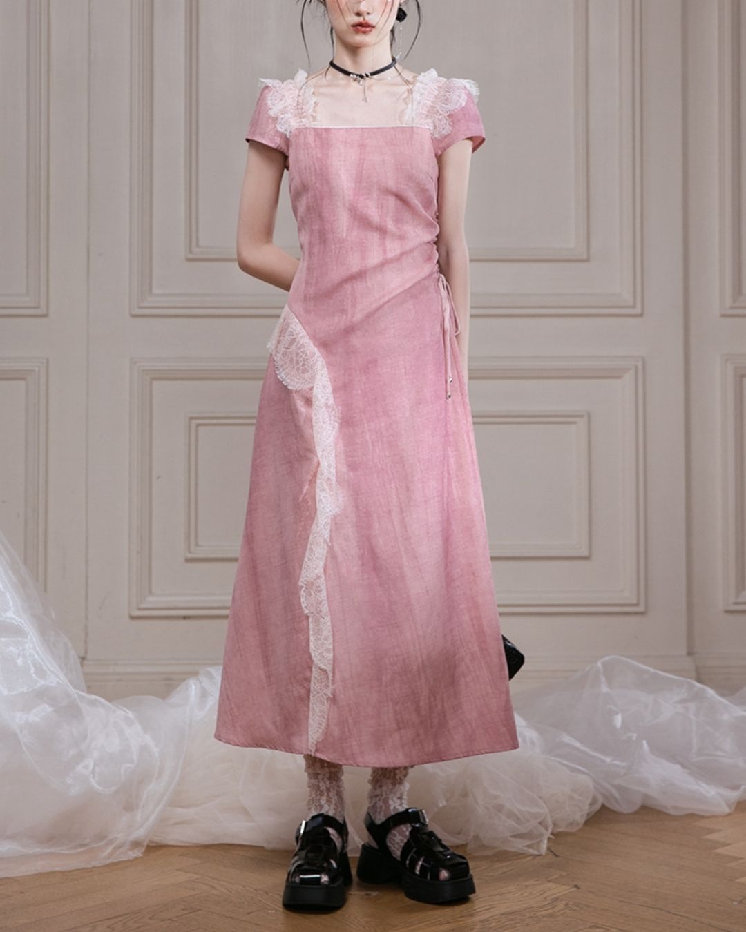 Side Waist Drawstring Lace Embellished Long Dress　DR042