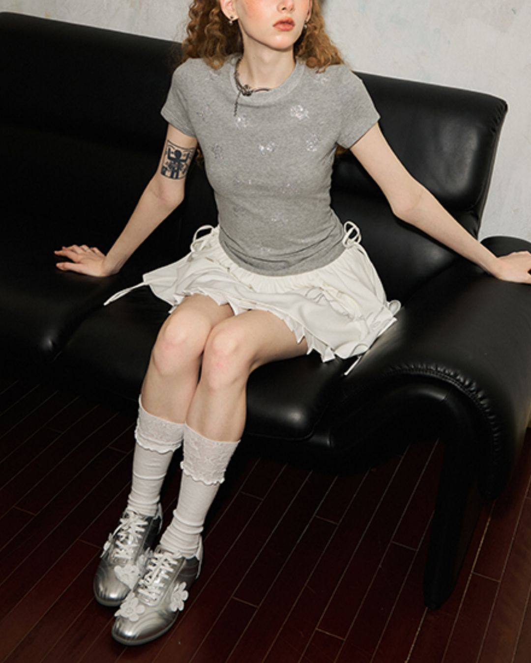 Rhinestone Logo Pleated Mini Skirt　BT026