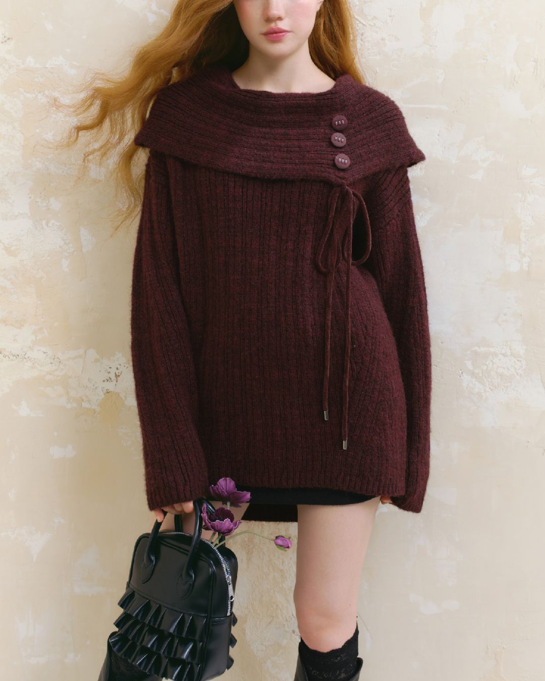 Button Ribbon Off Shoulder Knit　TP022