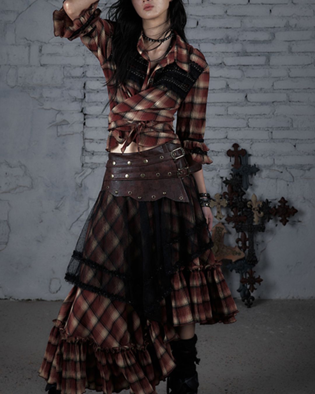 3/4 Sleeve Front Tie Check Shirt　TP043