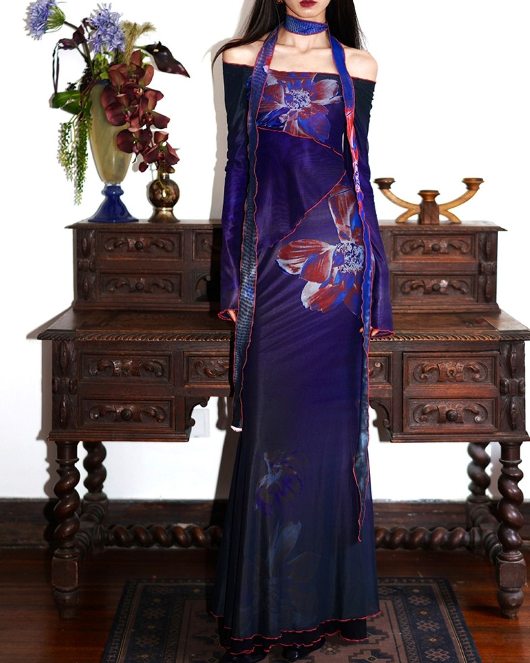 Flower Printed 2-way Long Dress　DR016