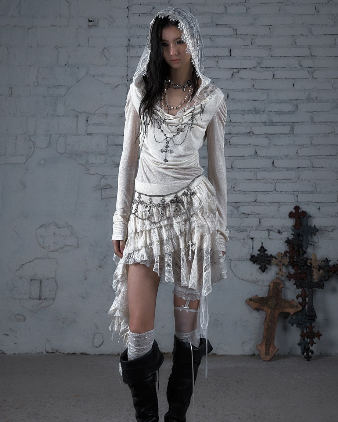 Necklace Print Lace Hooded Dress　DR037