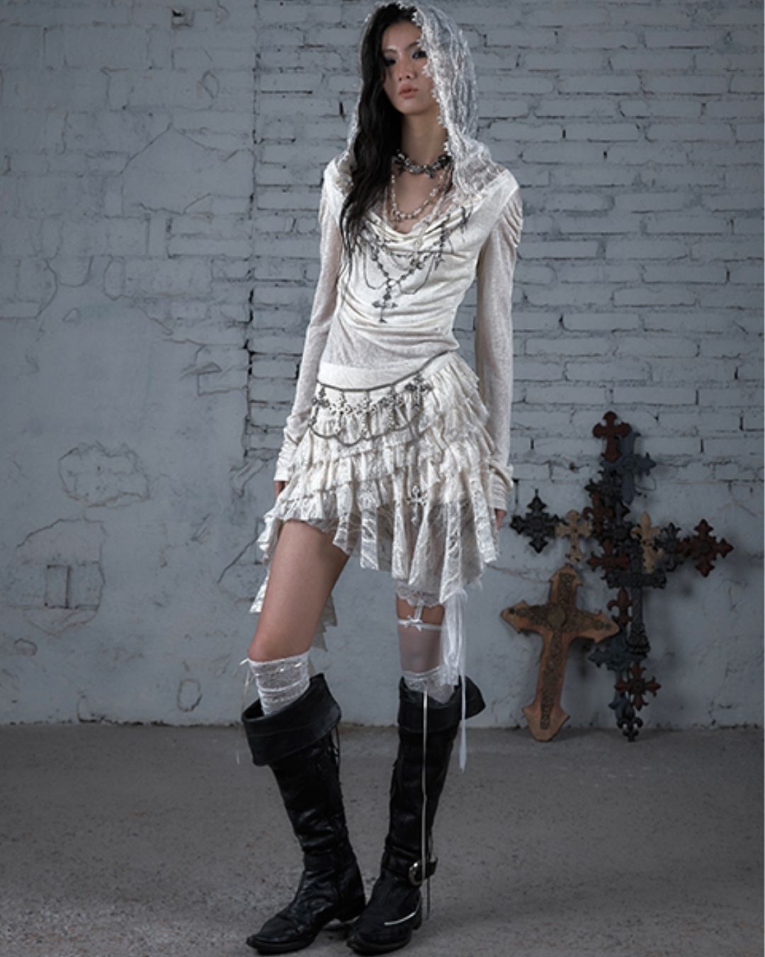 Necklace Print Lace Hooded Dress　DR037