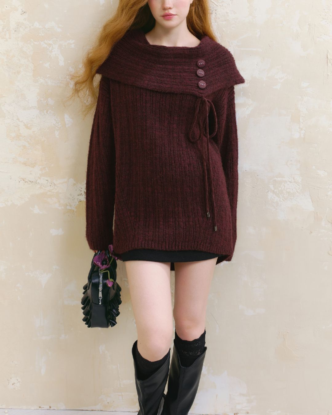 Button Ribbon Off Shoulder Knit　TP022