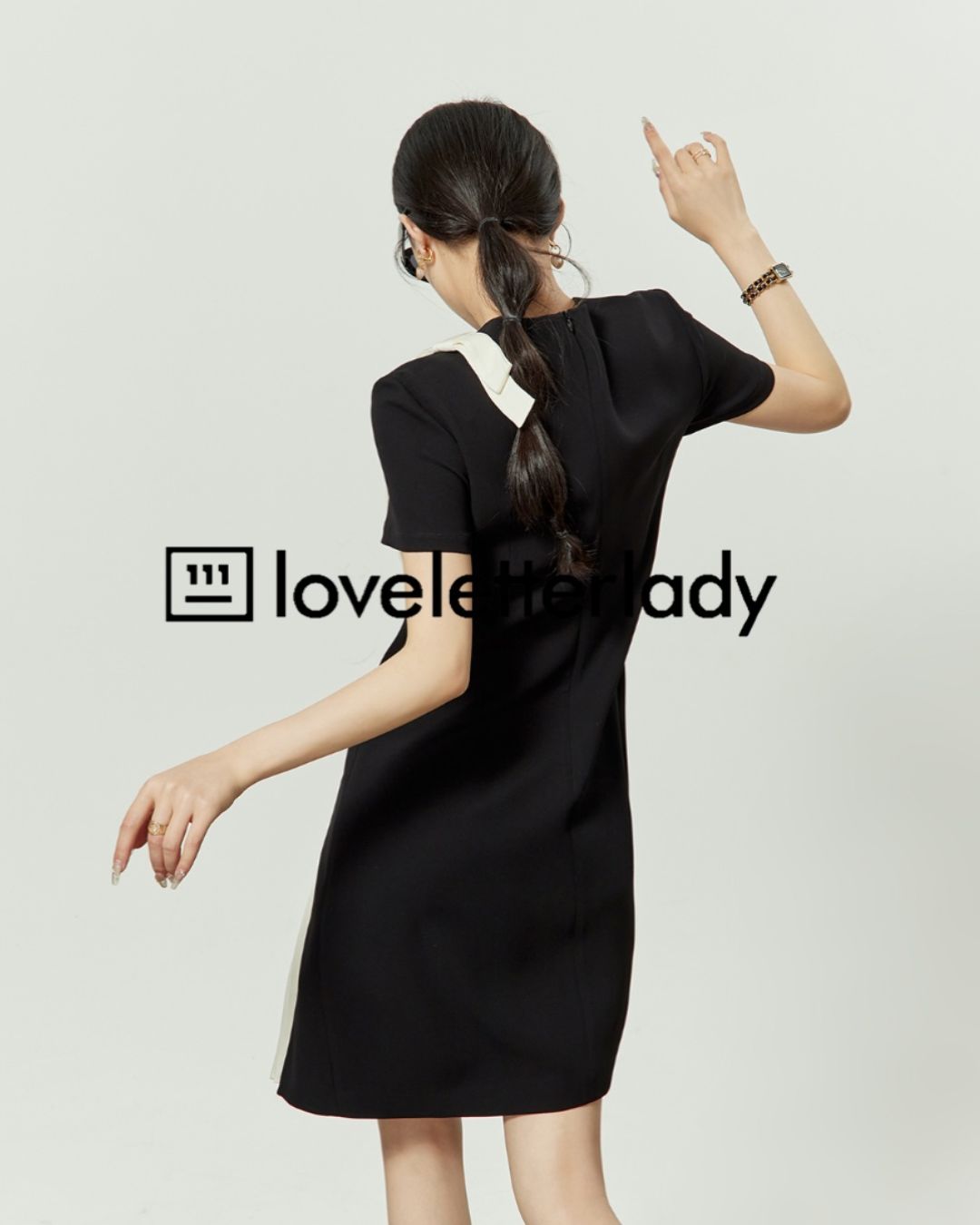 Shoulder Ribbon Pleated Black Dress　DR051