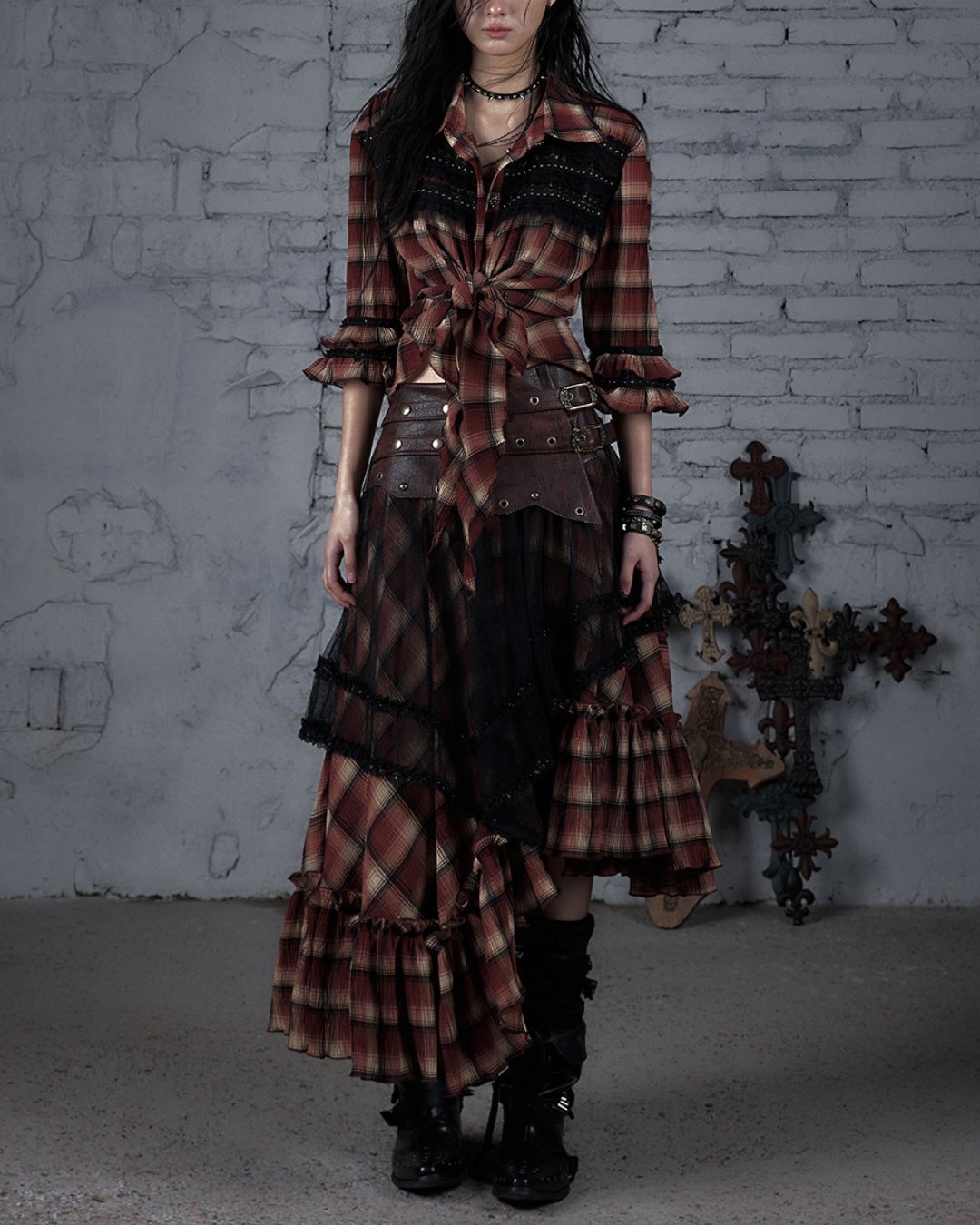 3/4 Sleeve Front Tie Check Shirt　TP043