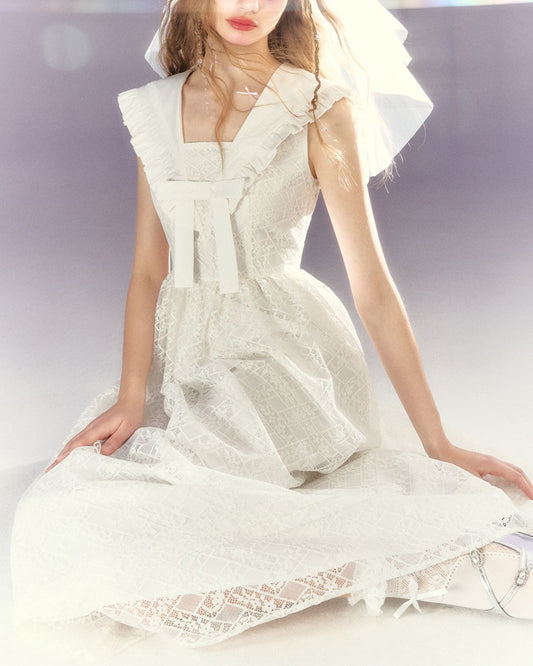 White Lace Sailor Collar Dress　DR023