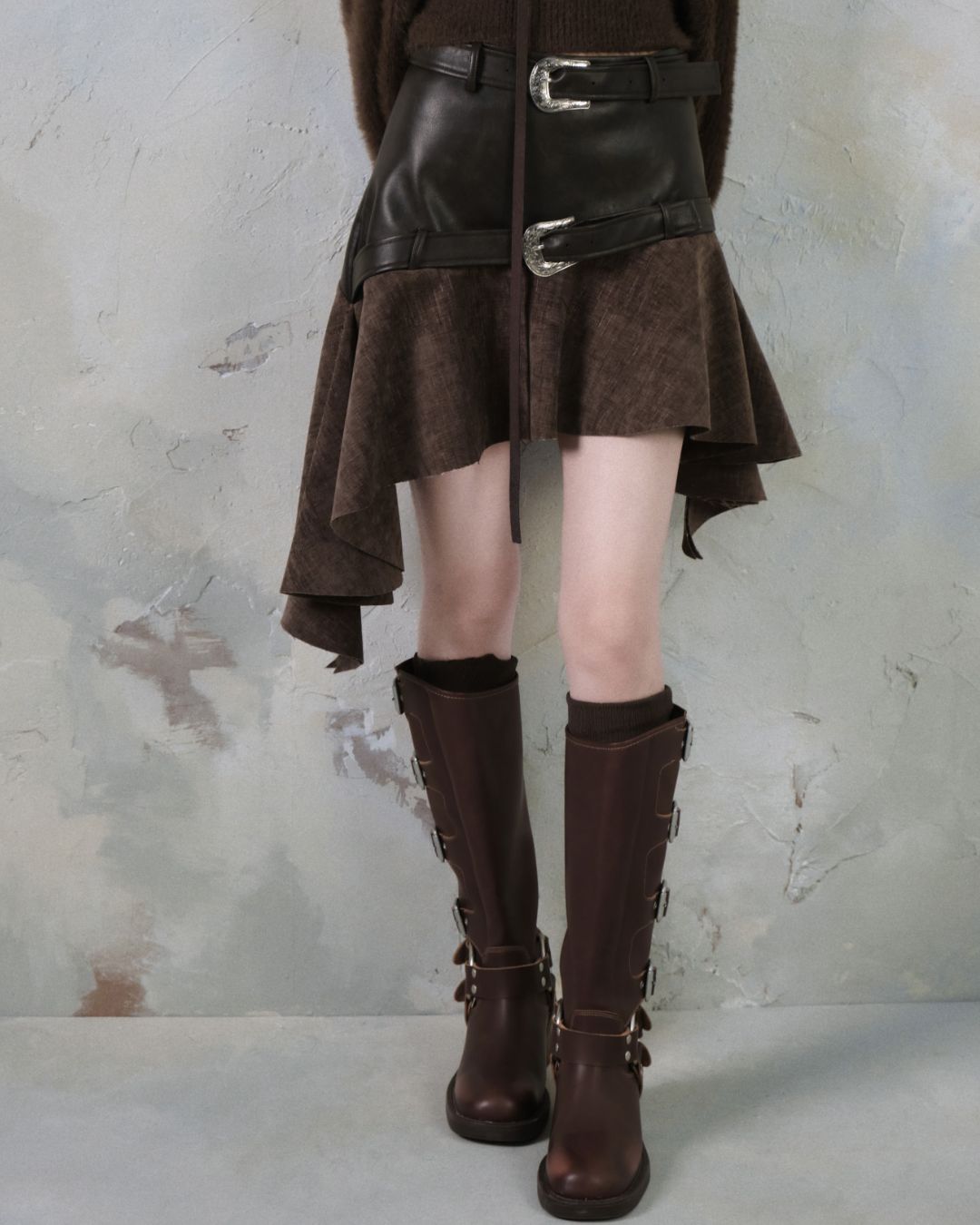 Leather And Suede Metallic Belt Asymmetric Skirt　BT019
