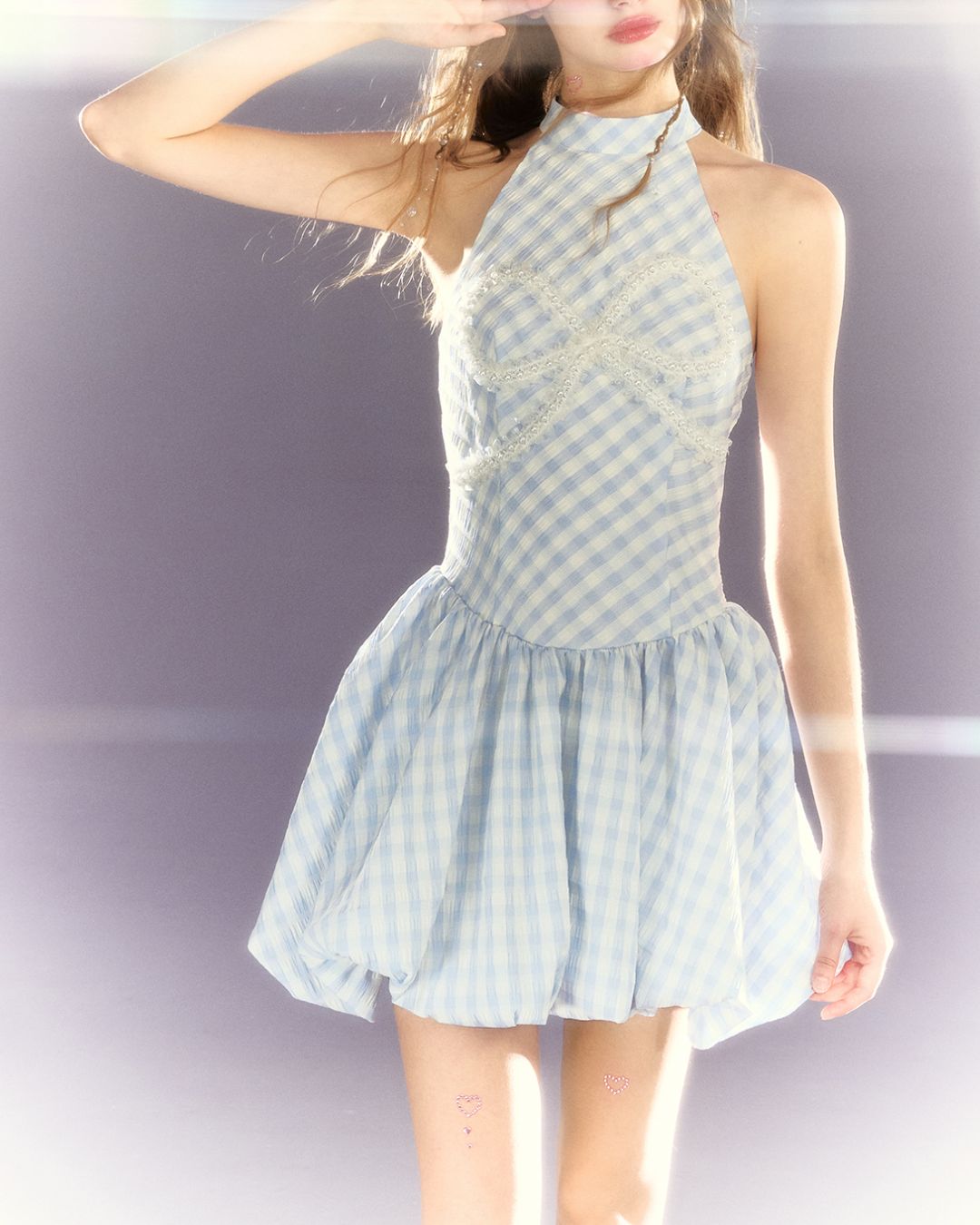 Pearl Lace Ribbon Balloon Mini Dress　DR027
