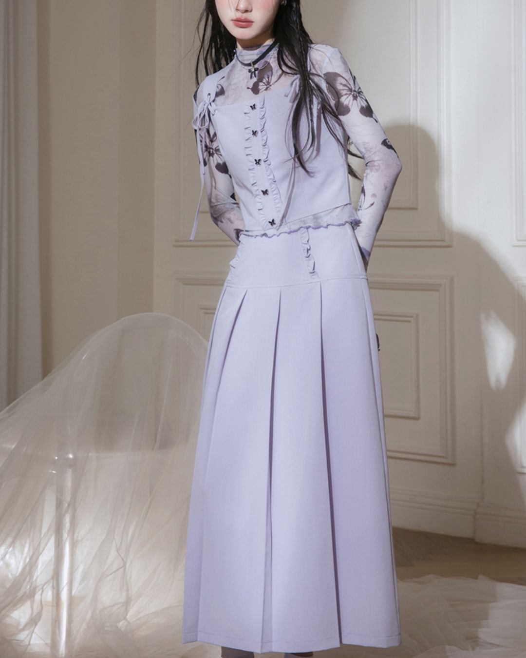 Butterfly Sheer Top & Vest & Pleated Skirt　TP024