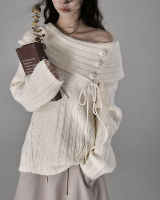 Button Ribbon Off Shoulder Knit　TP022
