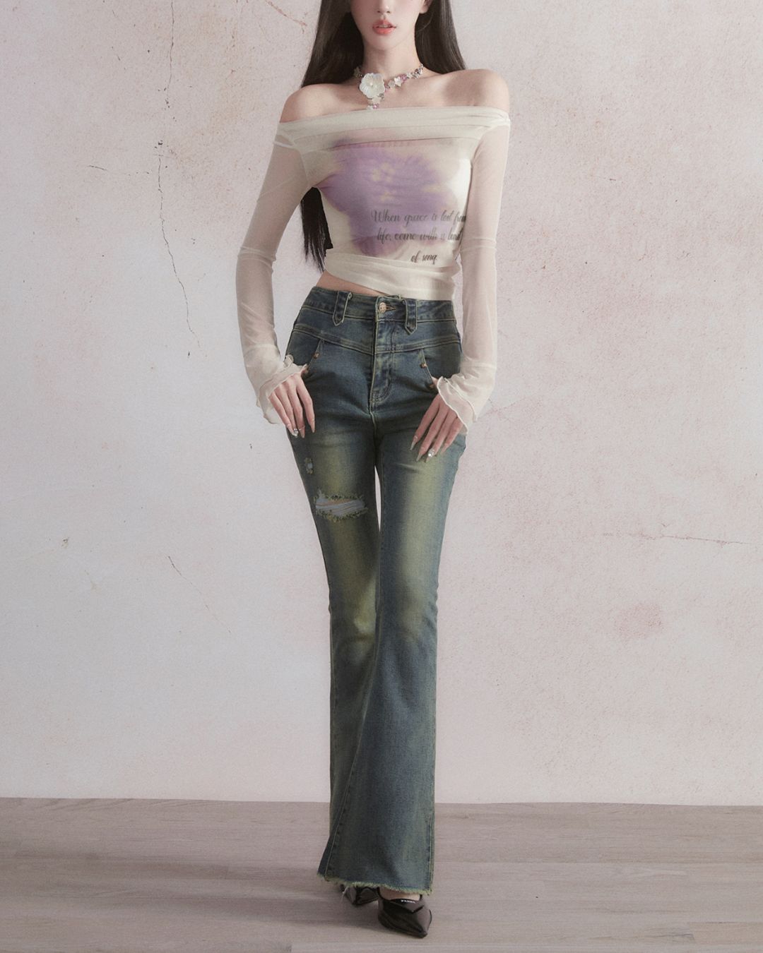 Sheer Flower Off-Shoulder Top　TP026