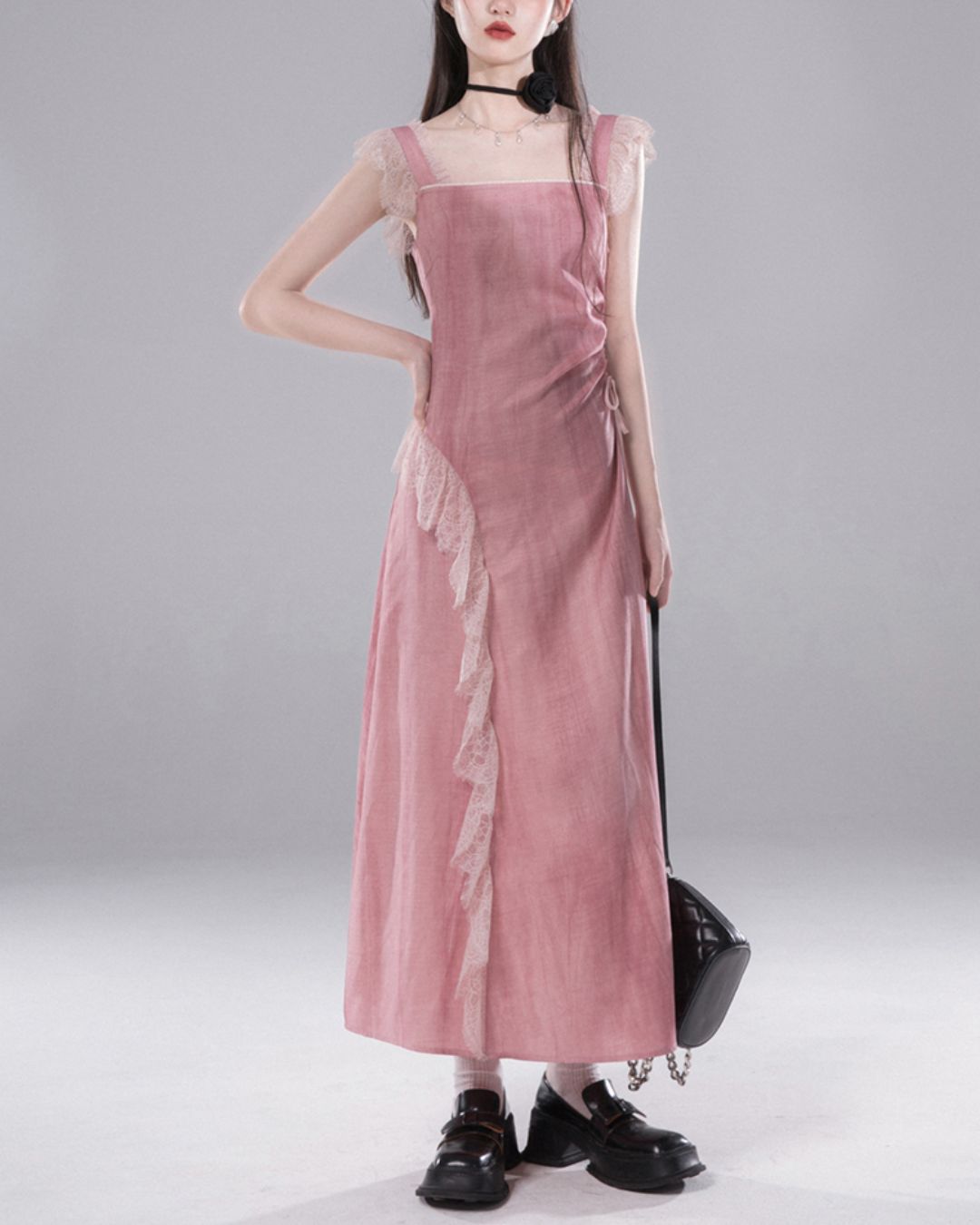 Side Waist Drawstring Lace Embellished Long Dress　DR042