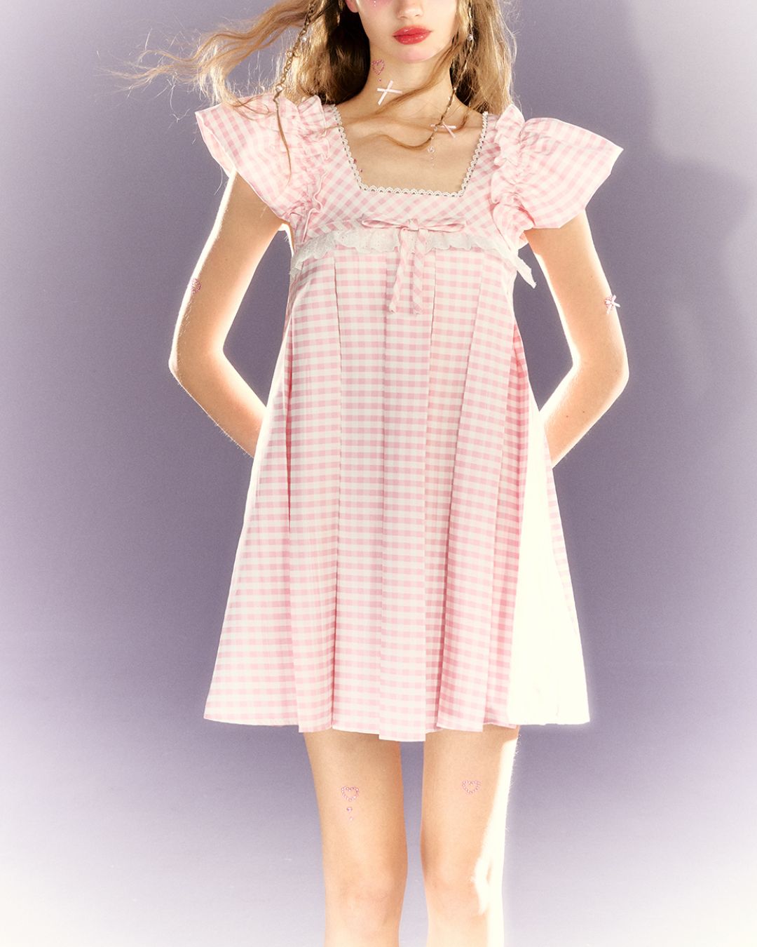 Puff sleeve Gingham Check Mini Dress　DR026
