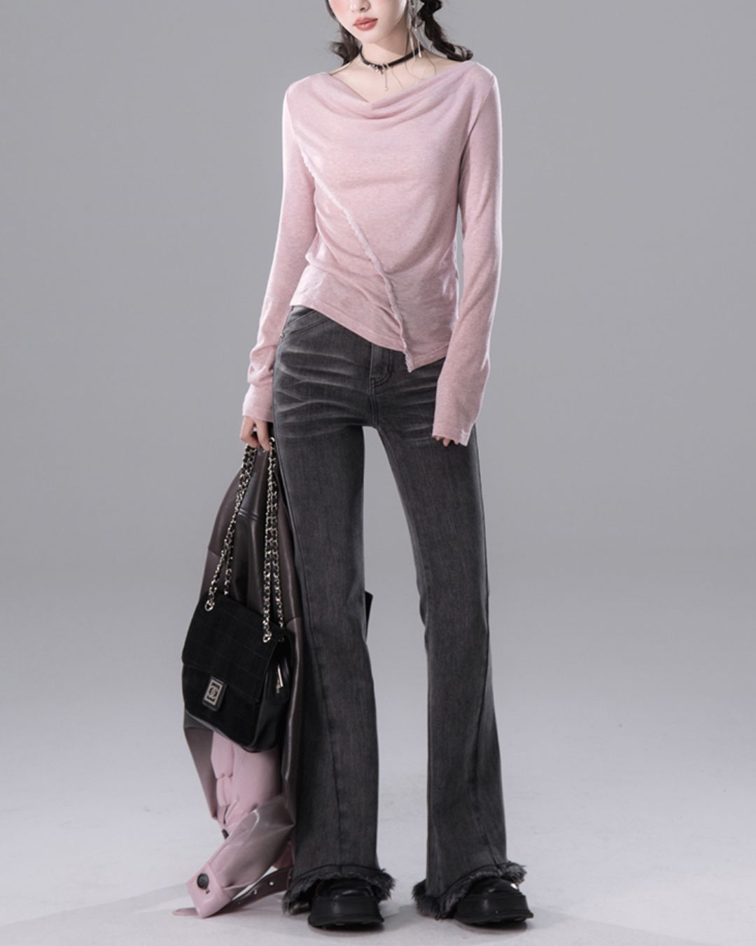 Draped Boat Neck Lace Seam Top　TP046