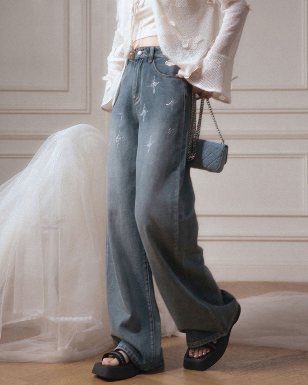 Rhinestone Decorated Wide Denim Pants　BT031