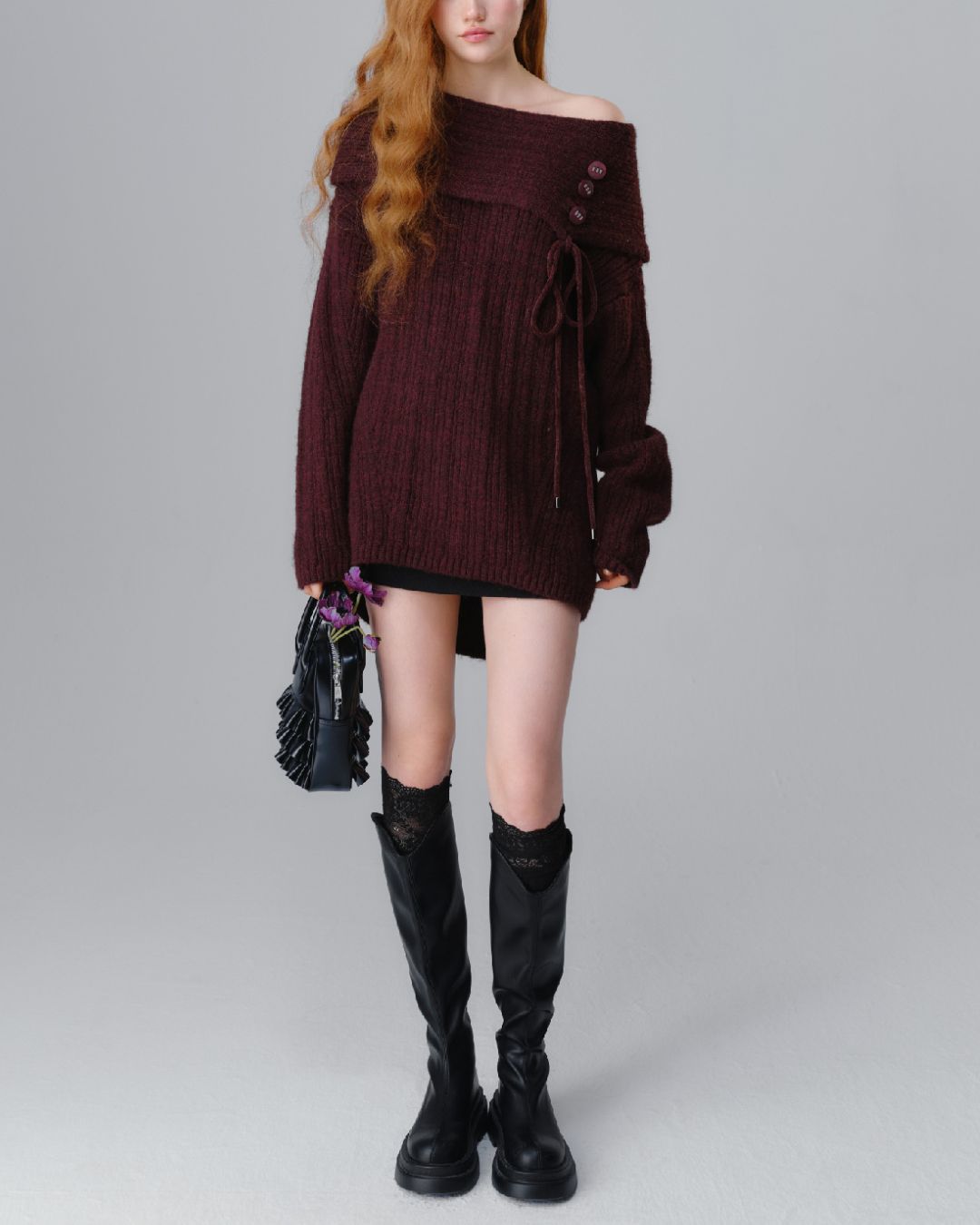 Button Ribbon Off Shoulder Knit　TP022