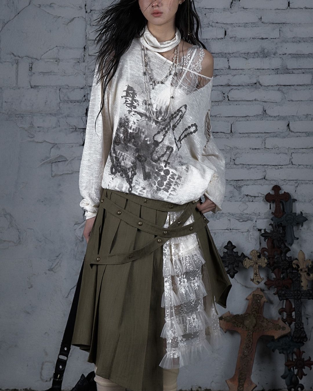 Distressed Open Shoulder Summer Knit　TP042