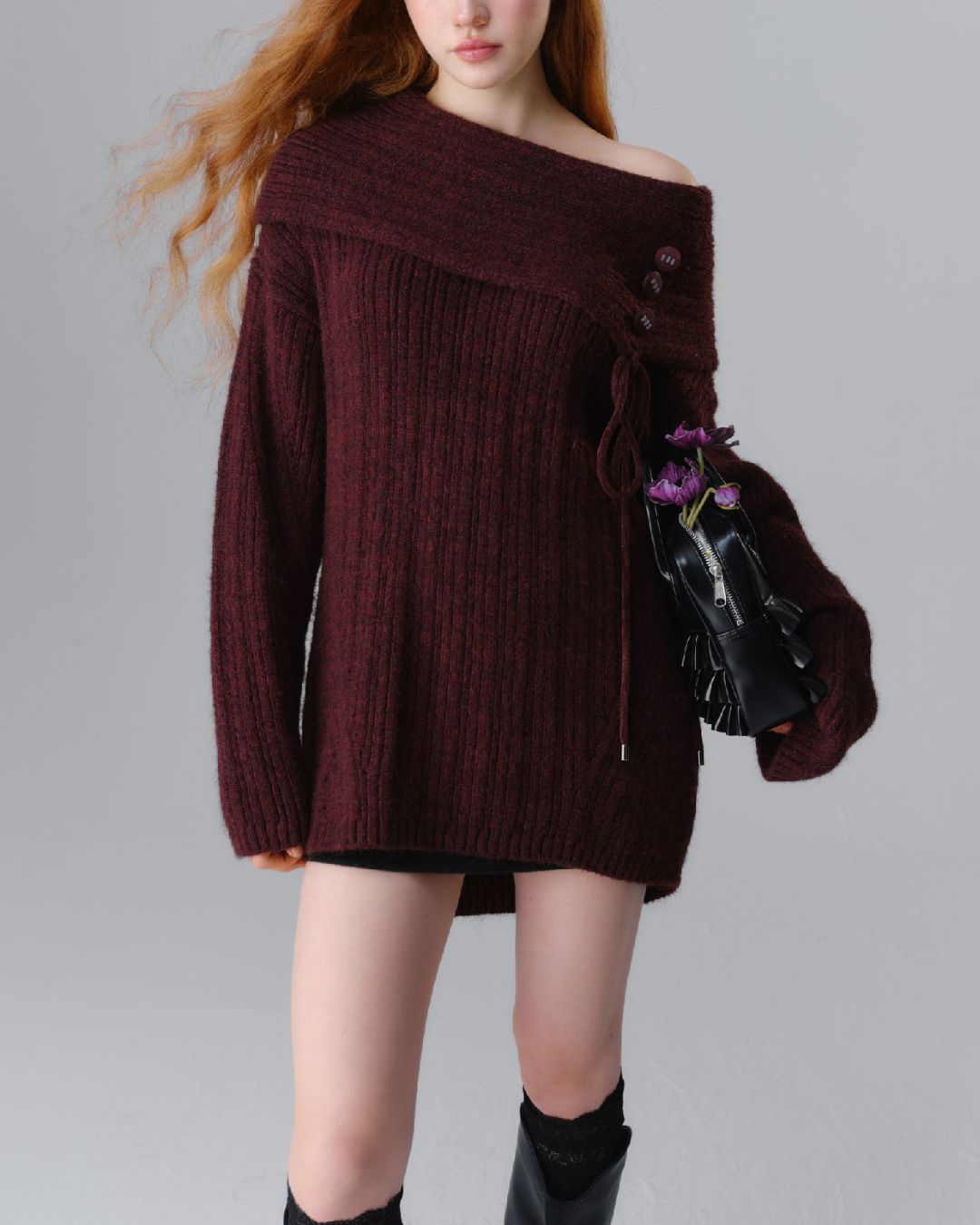 Button Ribbon Off Shoulder Knit　TP022