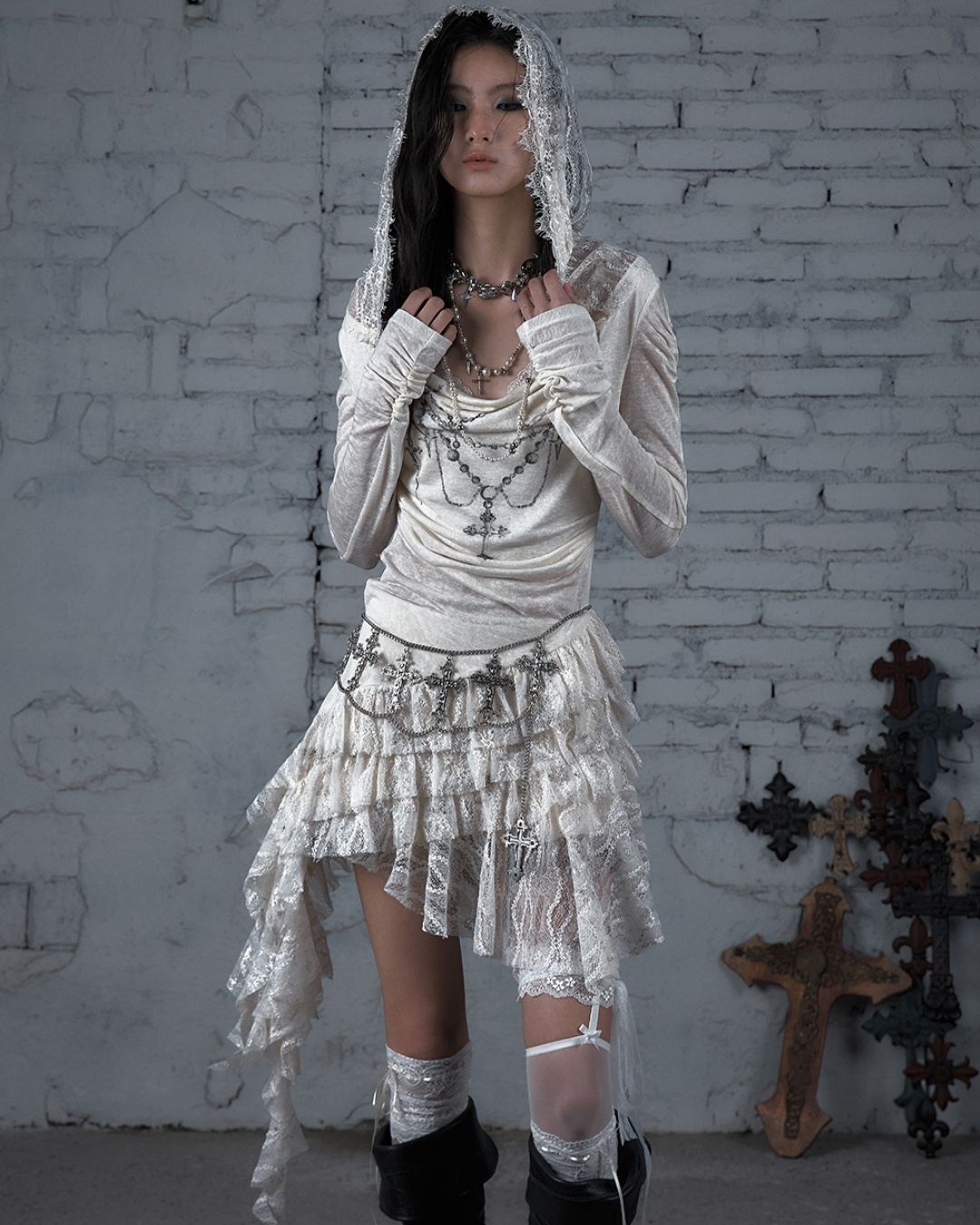 Necklace Print Lace Hooded Dress　DR037