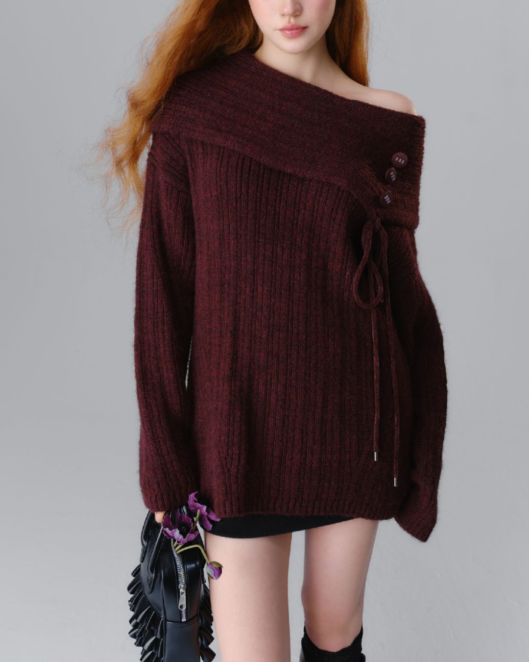 Button Ribbon Off Shoulder Knit　TP022