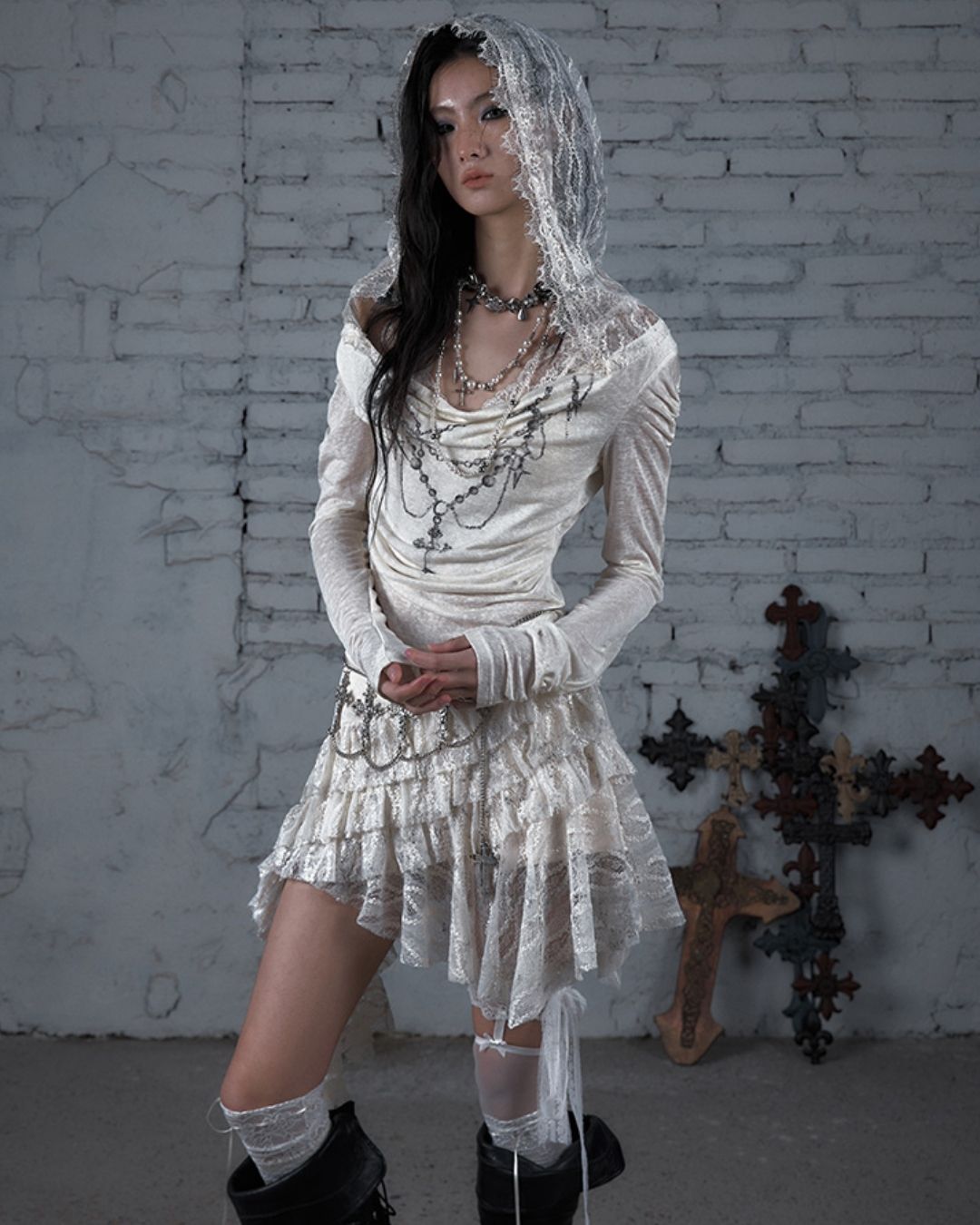 Necklace Print Lace Hooded Dress　DR037